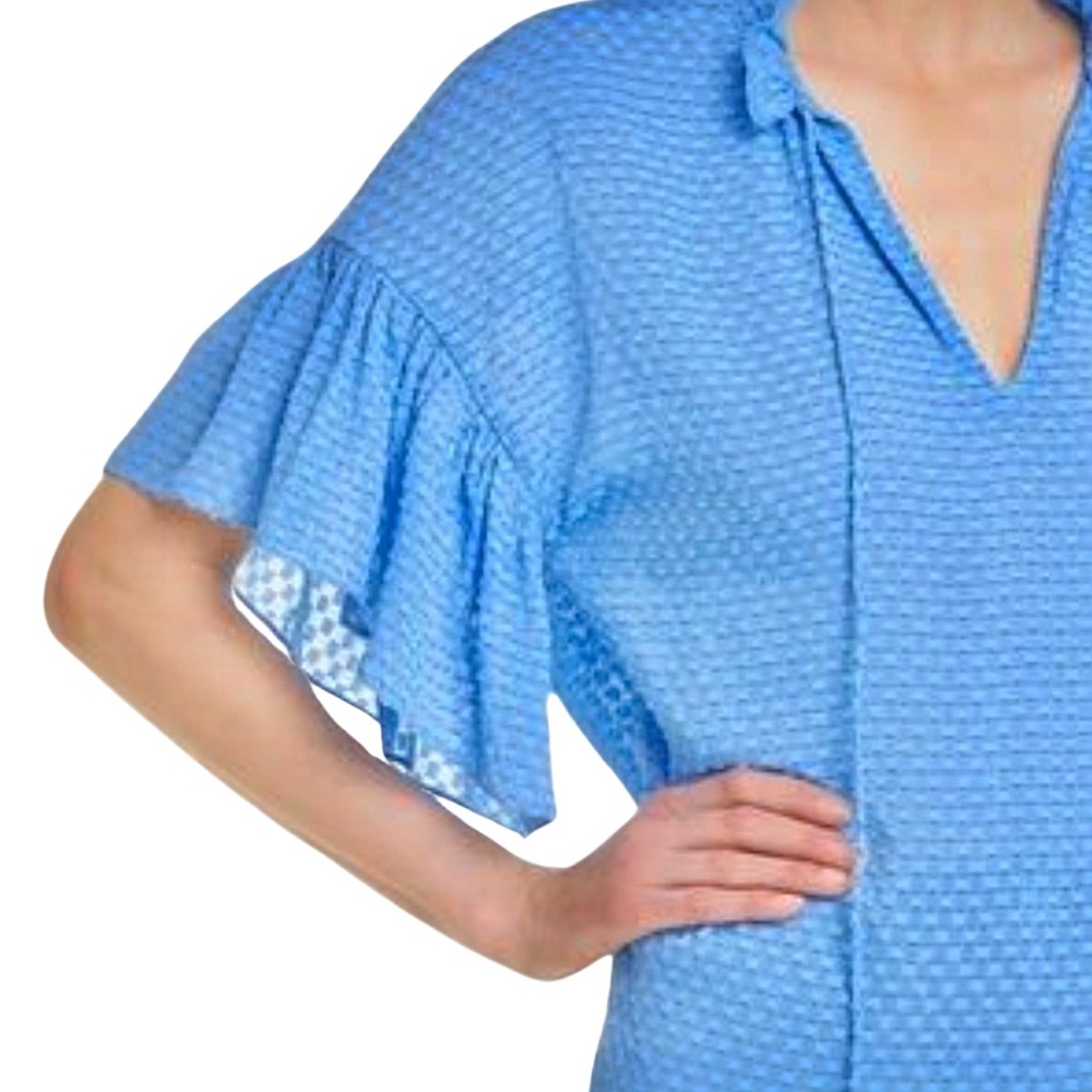 ALICE + OLIVIA Julius Ruffle Peasant Blouse Blue Top Solid Swiss
Dot‎ Ties - Picture 7 of 16
